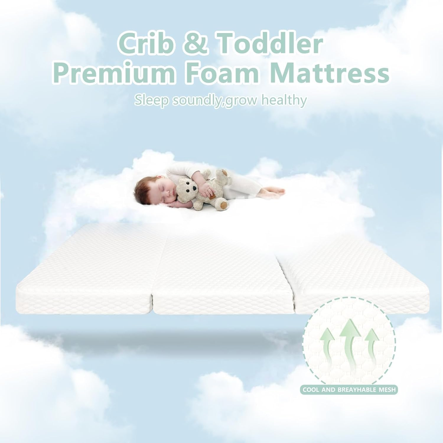 Folding Baby Cot Mattress 96 X 66 X 6Cm, Portable Travel Cot Mattress, Breathable Soft Plush Memory Foam Includes Carry Bag Removable Washable Cover, Perfect for Home, Travel, and Camping image number 3