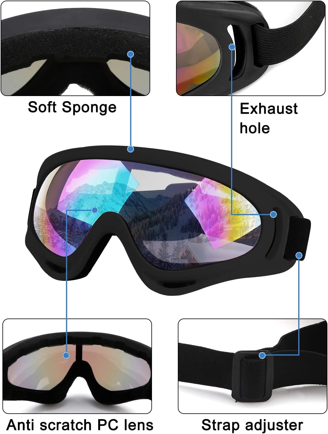 Elimoons Ski Goggles 2 Pack, UV Protection Snow Goggles for Men Women Kids Youth Adult, Anti-Fog, Wind, Dust, UV Protection, Anti-Glare, Ventilation, Non-Slip Design, Elastic Helmet Strap, Black image number 3
