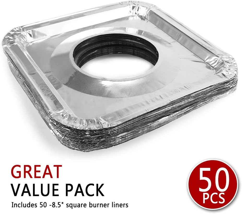 Stove Burner Covers - 50 Pcs 8.7" X 8.7" Square Aluminum Foil Gas Stove Burner Covers Disposable Range Protectors Bib Gas Top Liners Stove for Easy Clean image number 2