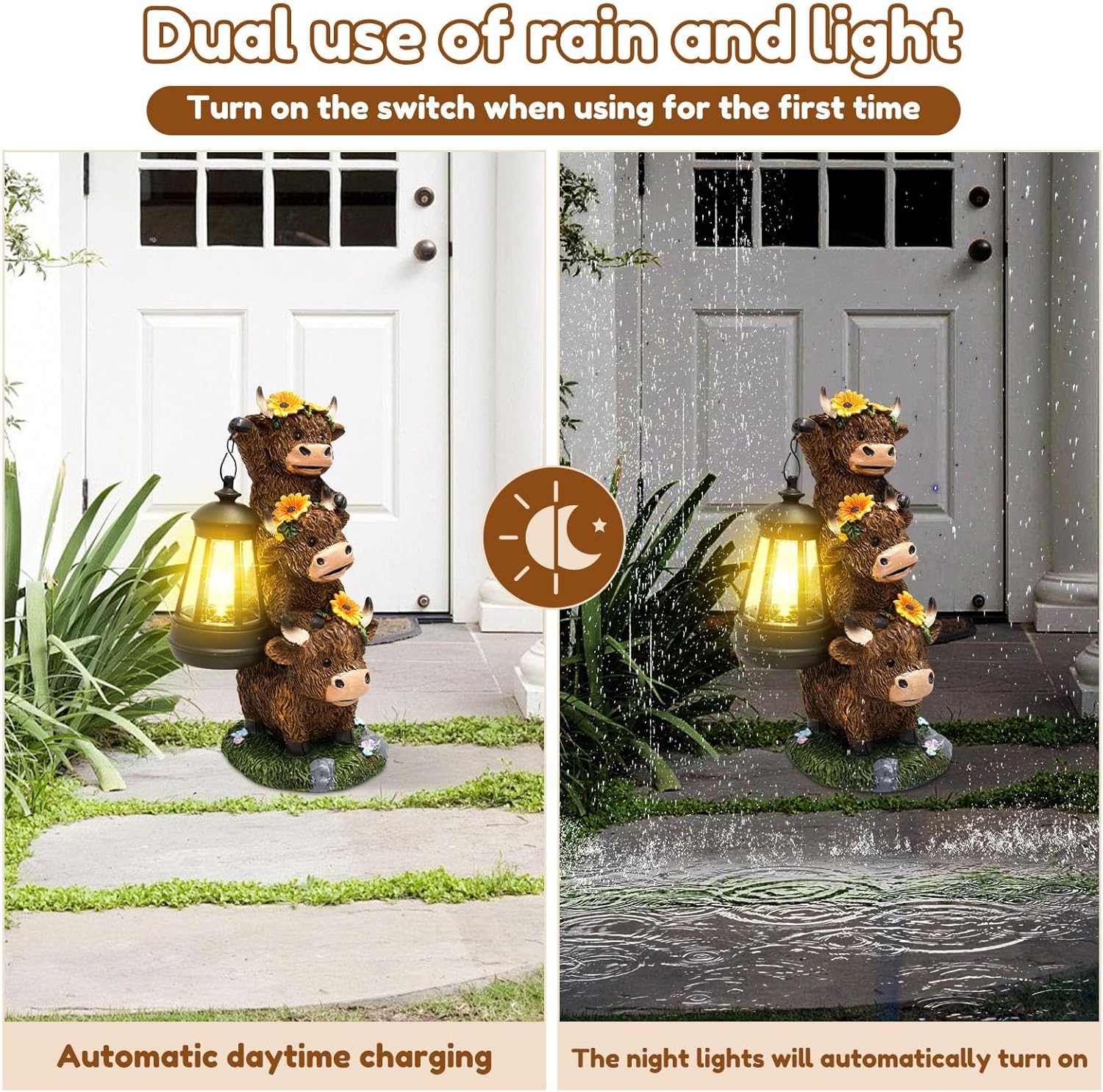 Garden Highland Cow Statue, Funny Highland Cow Decor with Solar Lantern, Synthetic Resin Cows Garden Statue, Lawn Ornament for Yard Patio Pathway (Color B) - Color A image number 3