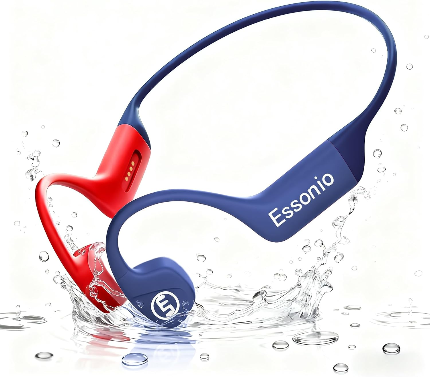 Essonio Usa Bone Conduction Headphones IP68 Waterproof Swimming Headphones with Mic Bluetooth Open Ear Earbuds with MP3 Mode 32GB Memory Deep Bass Secure Fit for Running, Cycling and Fitness, Blue