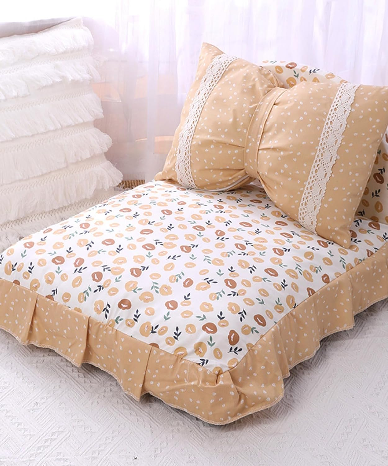 Pet Bed, Fluffy, Cute, Dog, Cat, Stylish, Square, All Seasons, Pet Sofa, Pet, Cushion, Pillow, Princess-Style, Ruffle, Pet Bed with Princess-Style Pillow (Beige) image number 1