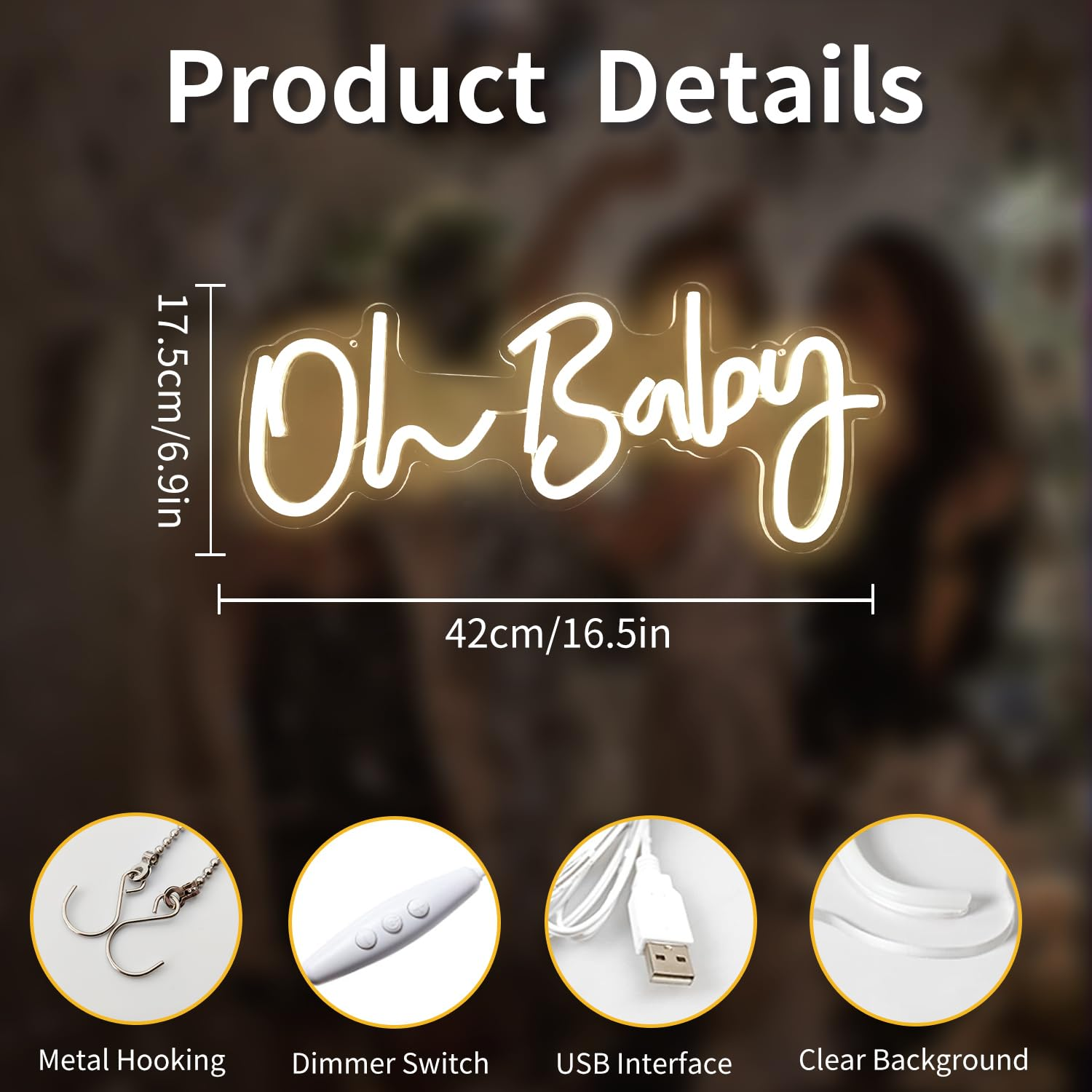 Vveikea Oh Baby Neon Sign Dimmable Neon Light Sign for Wall Decor Oh Babies Sign for Backdrop Led Sign for Baby Shower Wedding Birthday Gifts (16.5" X 7" Warm White) image number 5