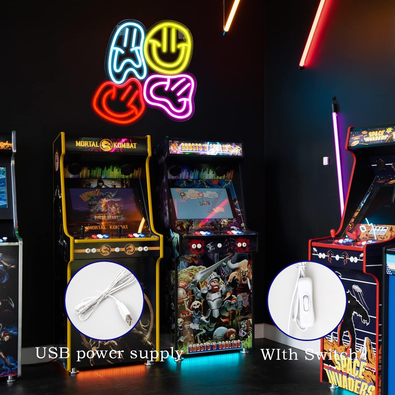 Smiley Faces Neon Sign Led Colorful Distorted Happy Faces Neon Light Signs for Wall Decor Usb Light up Signs for Kids Bedroom Preppy Room Decor Party Decoration Valentine'S Day Gifts image number 3