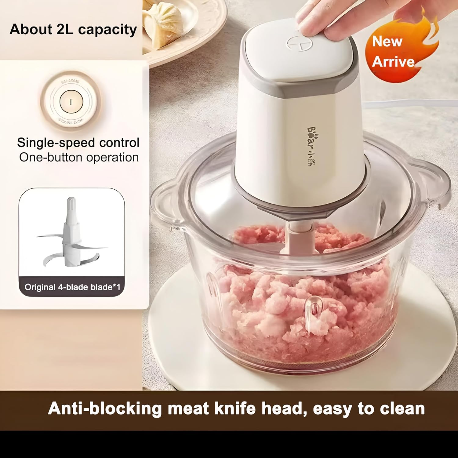 Electric Food Processor, 2L Electric Chopper with Meat Grinde&Rgarlic Chopperr, Multi-Functional Cuisine Blender with 4-Blade X-Blade for Grinding Meat and Vegetables Kitchen Utensils image number 1