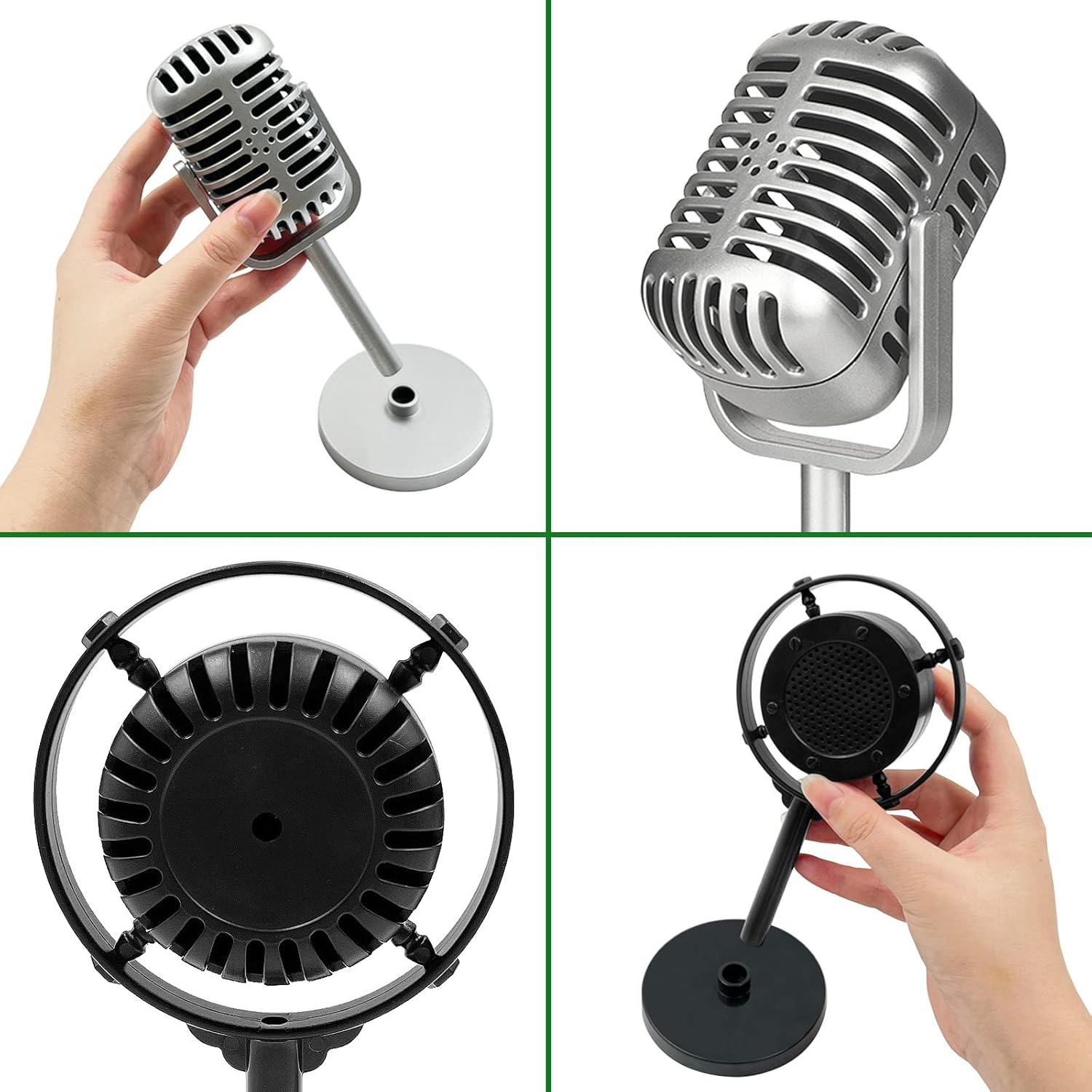 2 Pcs Retro Decor Microphone Prop - Toy Vintage Plastic Models for Party Decoration, Photography Props, Shooting Background (Silver and Black)