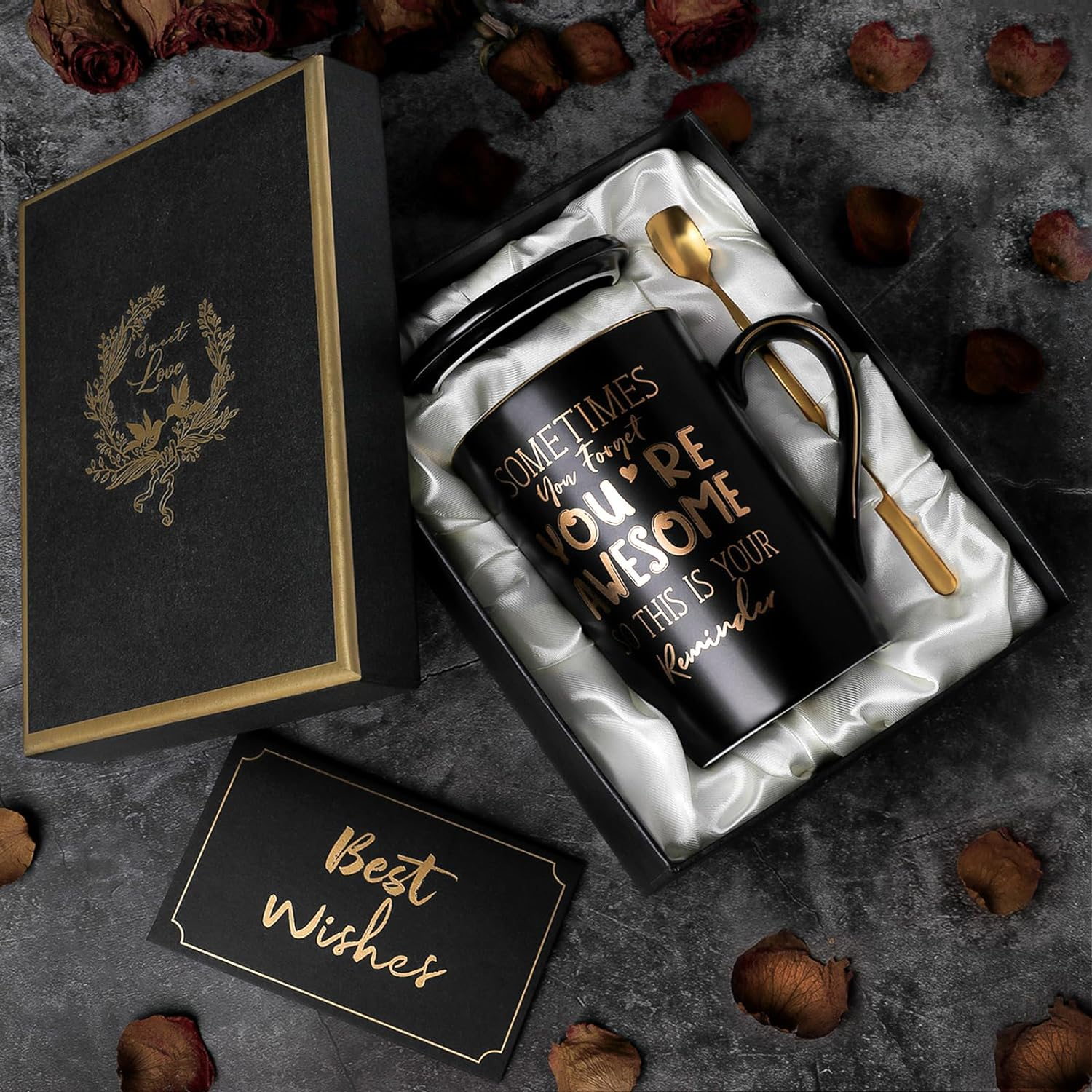 Birthday Thank You Gifts for Men, Sometimes You Forget You'Re Awesome - 14Oz Unique Black Ceramic Inspirational Coffee Mug with Gold Print, Presents for Friends Husband Employee Coworker, Gift Boxed image number 3