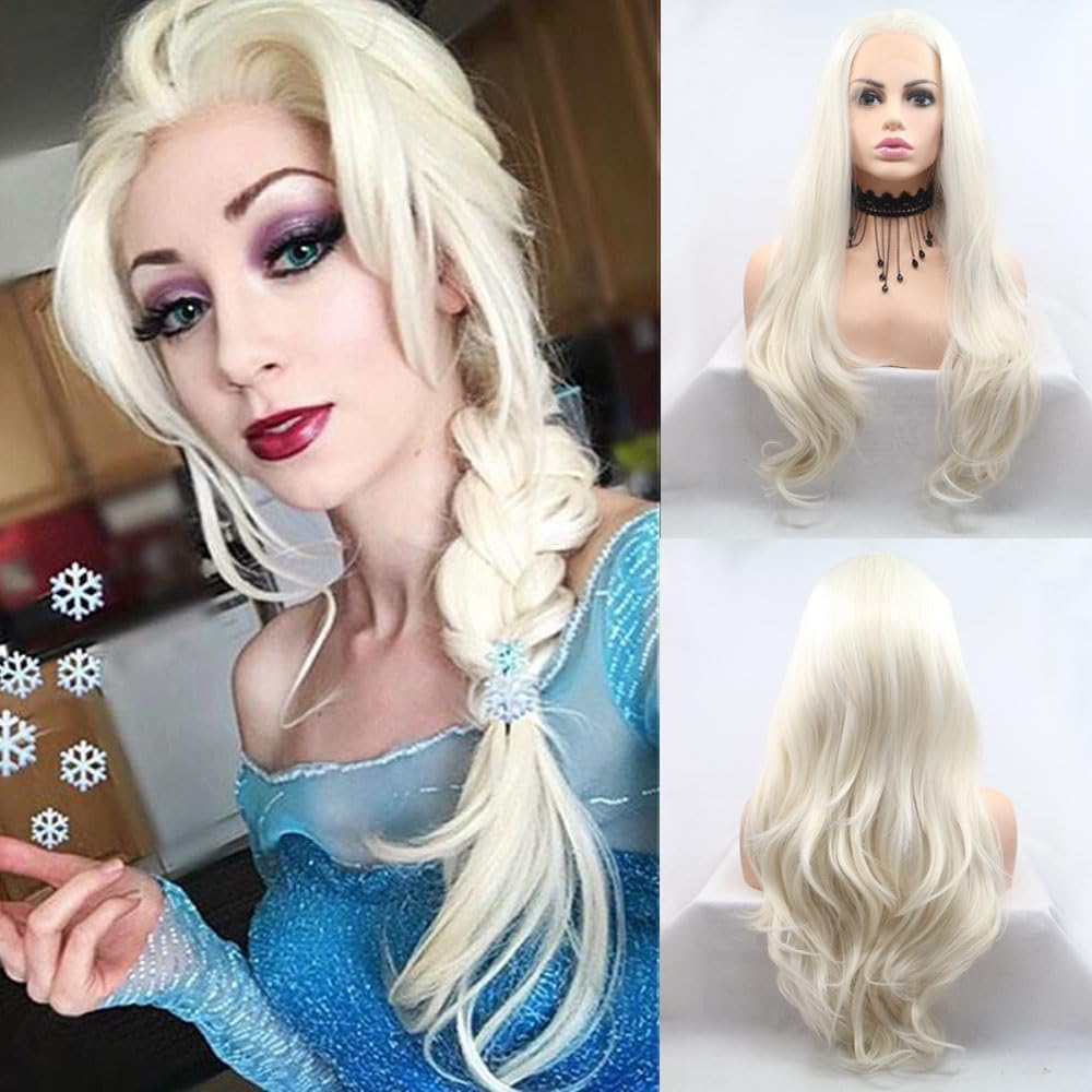 Xiweiya 60# Platinum Blonde Wig Long Body Wavy White Blonde Lace Front Wig Natural Hairline150% Density Hair -Reparement Wig Heat Resistant Fiber Half Hand Tied for Women Drag Queen 24Inch - Blue Green Yellow image number 7