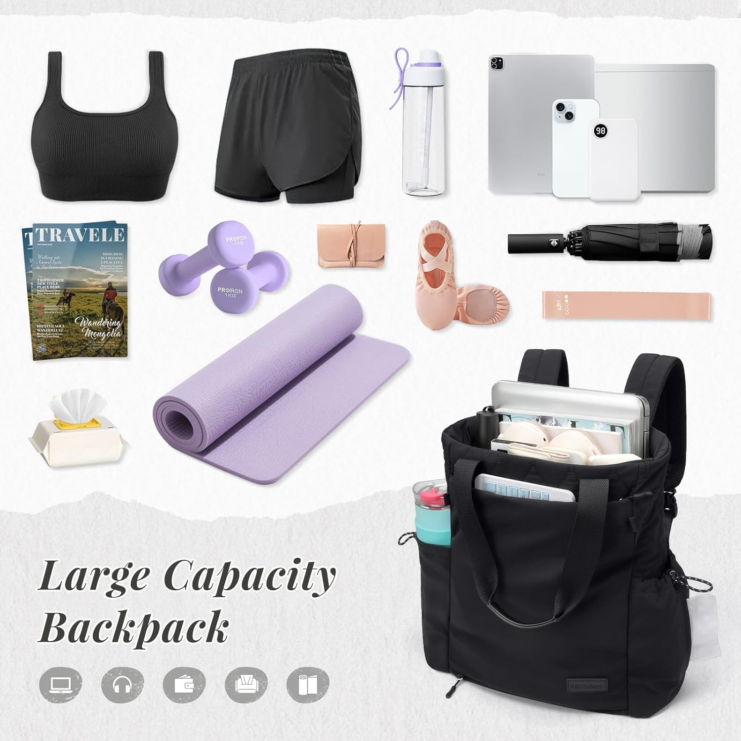 GOLF SUPAGS Convertible Laptop Backpack Yoga Bag Quilted Tote Bag Yoga Mat Carrier Bag for Travel Fitness Office and Shopping - Gravel Brown  Beige image number 5