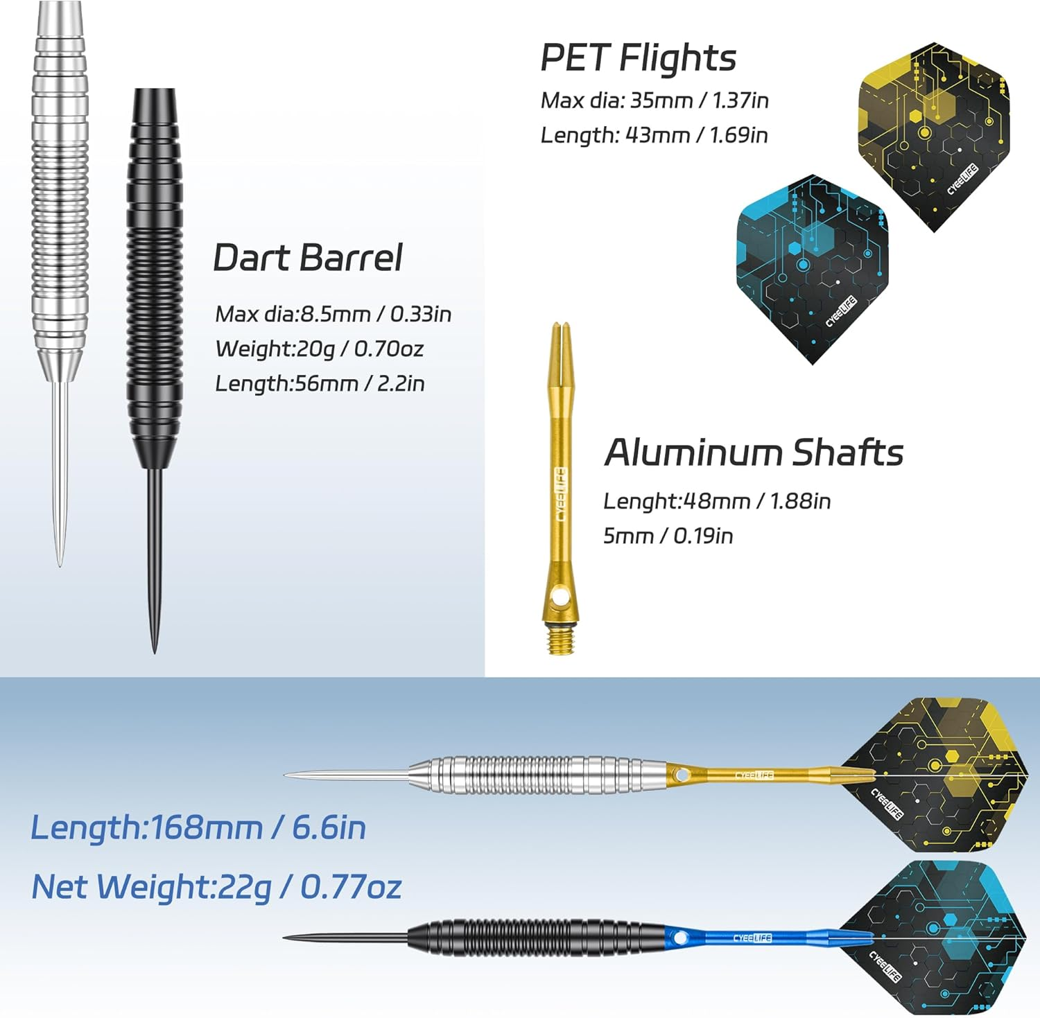 Cyeelife Steel Tip Darts 12 Pack,Professional 20 Grams Metal Dart Set with 4 Color Premium Aluminum Shafts, 4 Style 16Pcs PET Flights and 12 Alu Flight Protectors,Beginner or Professional Darts image number 6
