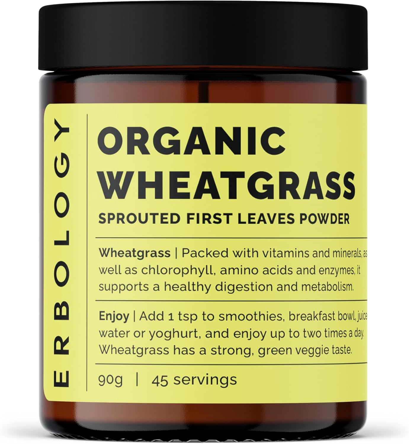 Erbology Organic Wheatgrass Powder 90G - 45 Servings - Body Cleansing and Gut Health Support - Rich in Chlorophyll and Iron - Sustainably Sourced in Europe - Small Batch - Vegan - Gmo-Free