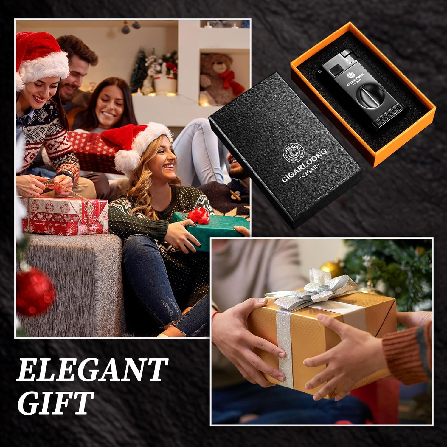 Cigar Lighter with Twin Jet Flame, Storm Lighter, Refillable Gas, Lighter with Cigar Punch and Cigar Holder & V Cut Cigar Cutter, Gift Box, without Gas(Black) image number 4