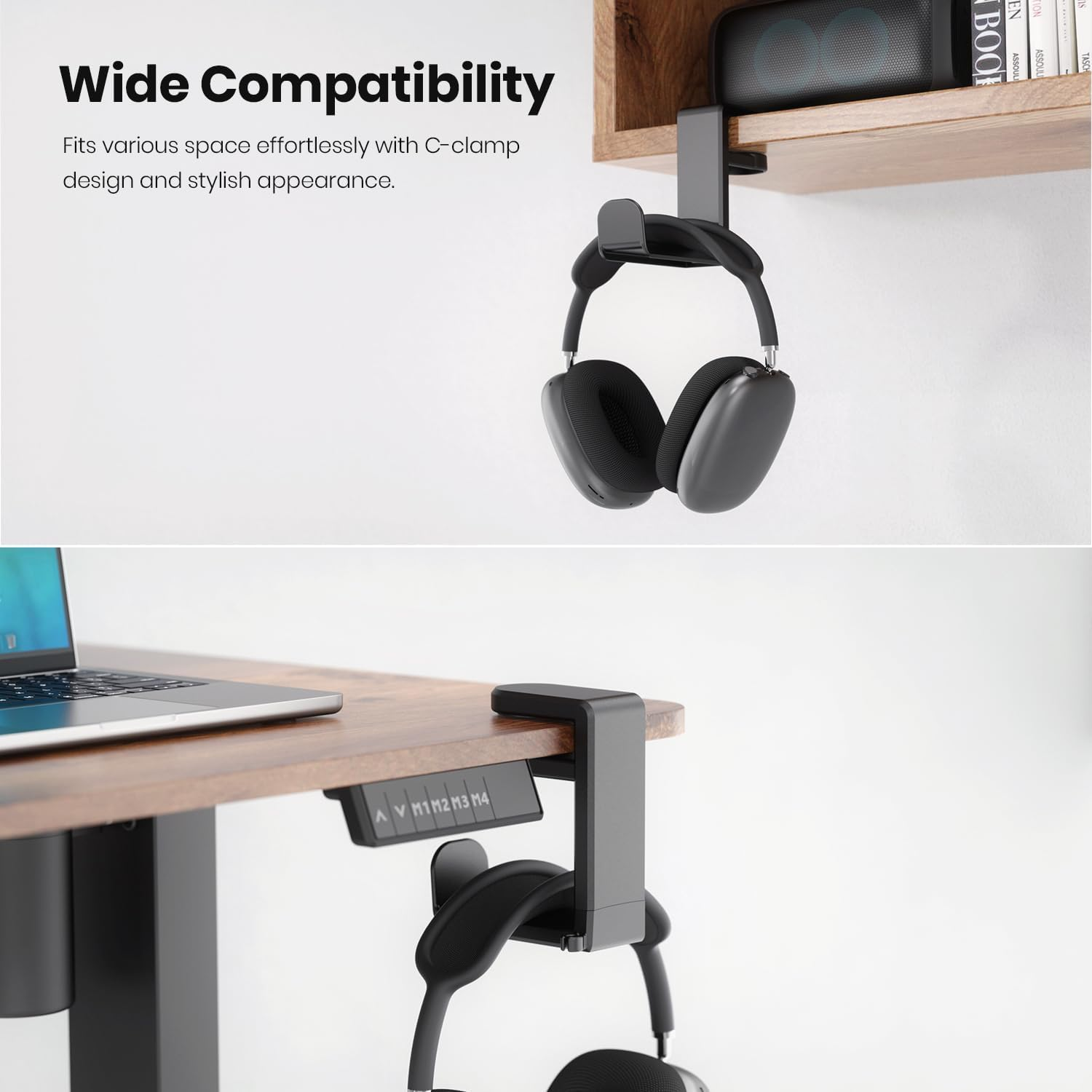 Rotating Headphone Stand - EURPMASK Adjustable Gaming Holder with 360&deg; Swivel, under Desk Hook & Cable Clip Organizer - Black image number 3