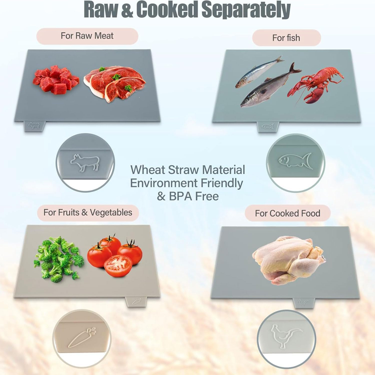 Chopping Board Set, 4Pcs Plastic Chopping Board with Storage Stand, Reversible Cutting Boards with Food Icons for Preparation of Vegetables, Meats