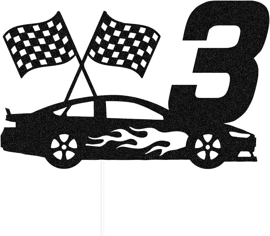 SWEETTALA Racing Car 3Rd Cake Topper for Race Car Checkered Flag Themed Kids Boy Girl 3 Years Old Birthday Party Decorations Black Glitter image number 4