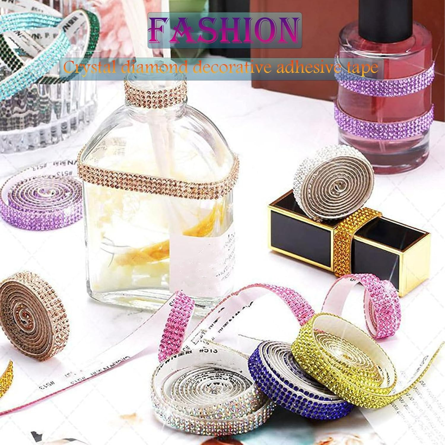 6 Rolls Colored-Adhesive Rhinestone Tape - Silver Diamond Crystal Bling Strips for DIY Crafts, Christmas Decor, Shoes, Phone, Dresser, Car Wrap | Glitter Jewel Sticker Roll（Six Colors） image number 3