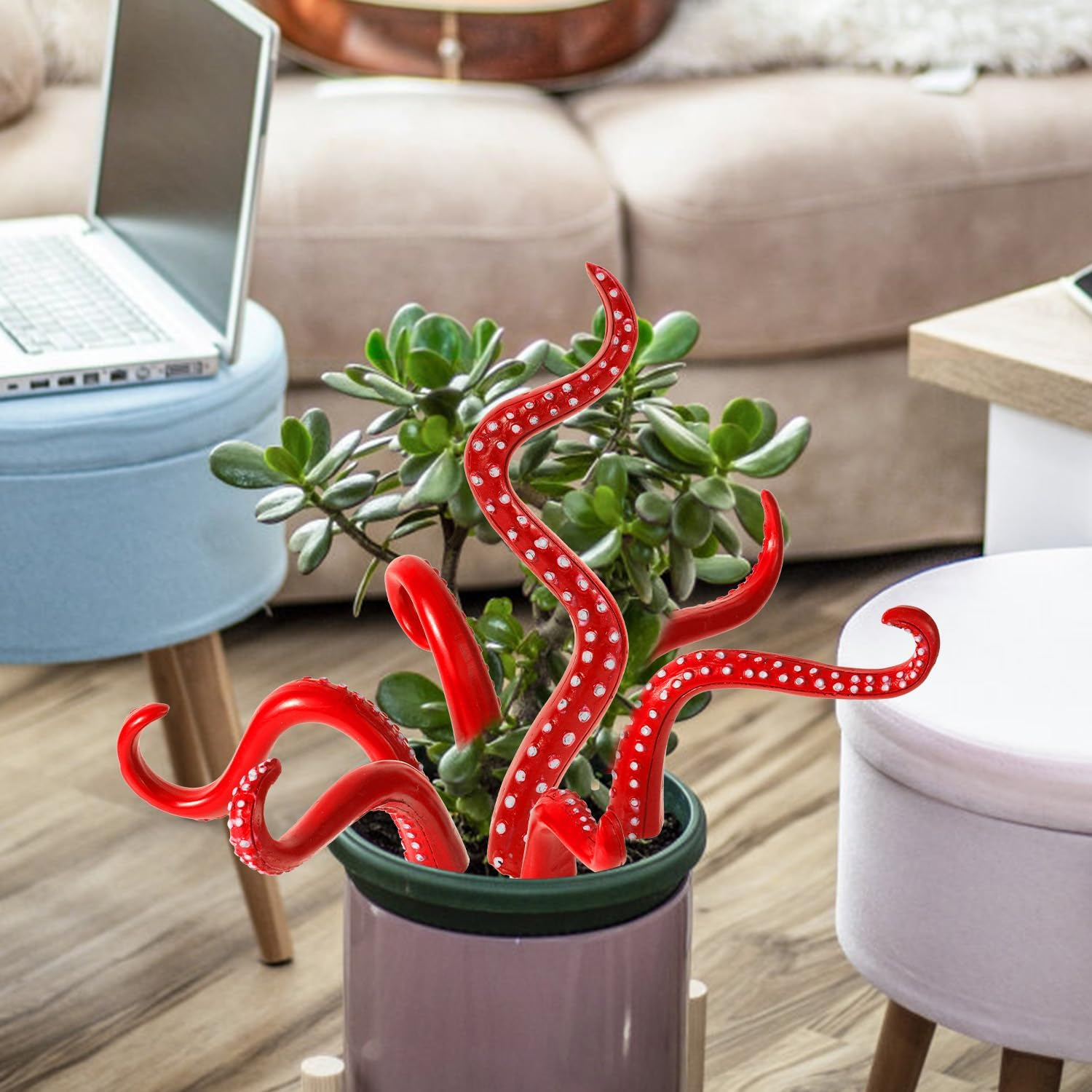 7Pcs Octopus Tentacle Plant Stakes, Various Shapes Glow in the Dark Octopus Leg Stakes Evil Decorative Garden Stakes for Potted Plants Indoor Outdoor Plant Lover Decoration(Red) - Red image number 5