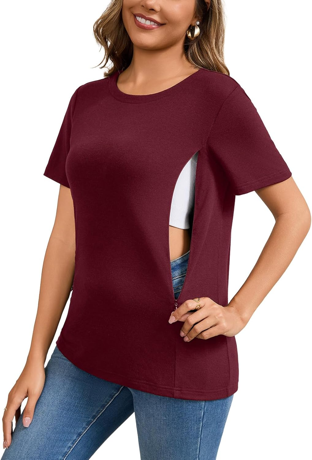 GINKANA Women'S Nursing Shirts Short Sleeve Breastfeeding Tshirt with Hidden Zippers Loose Fit Nursing Tops