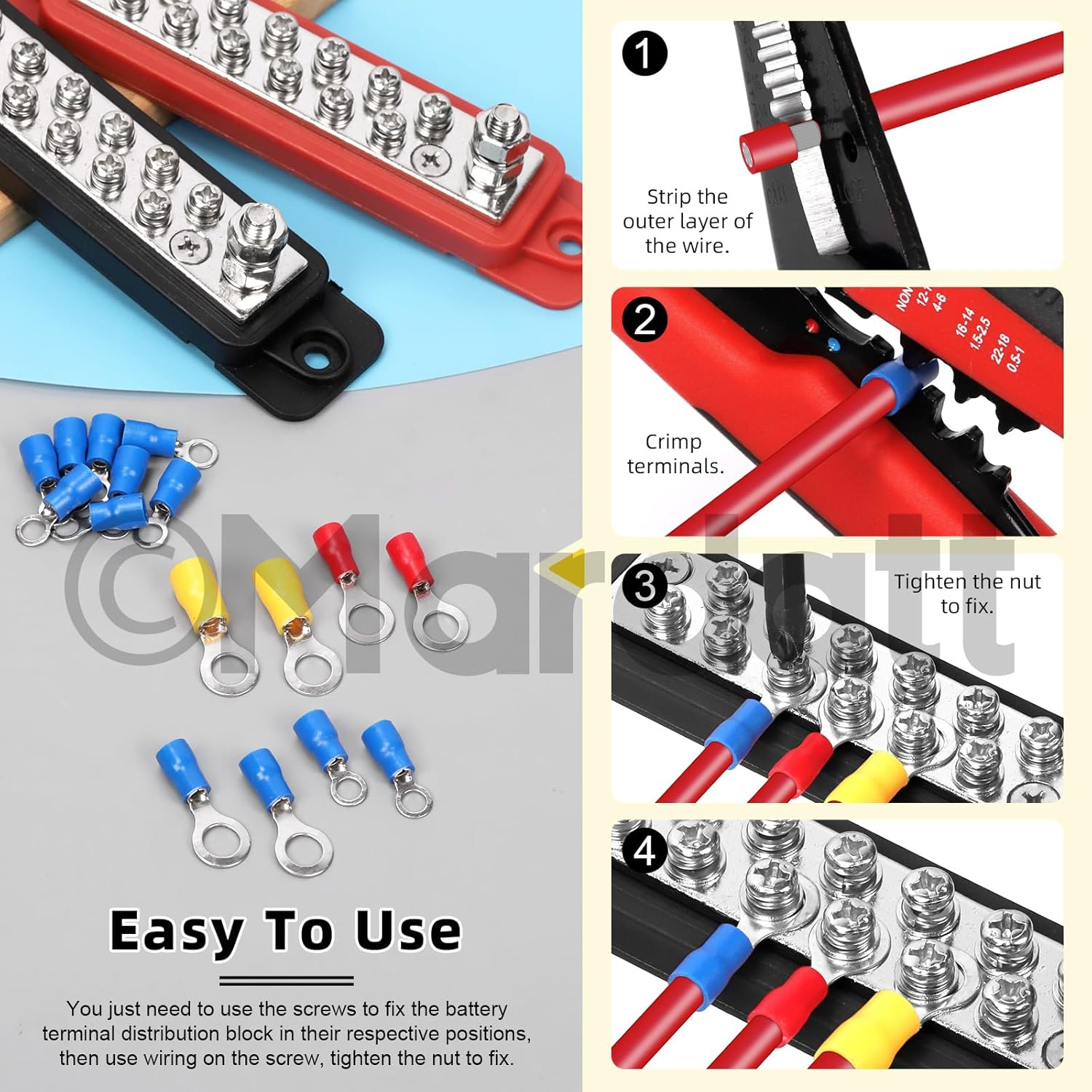 12V Terminal Distribution Block with Ring Terminals Power Distribution Terminal Block, Terminal Parts Battery Busbar for Boat Automotive Car(Black) image number 2