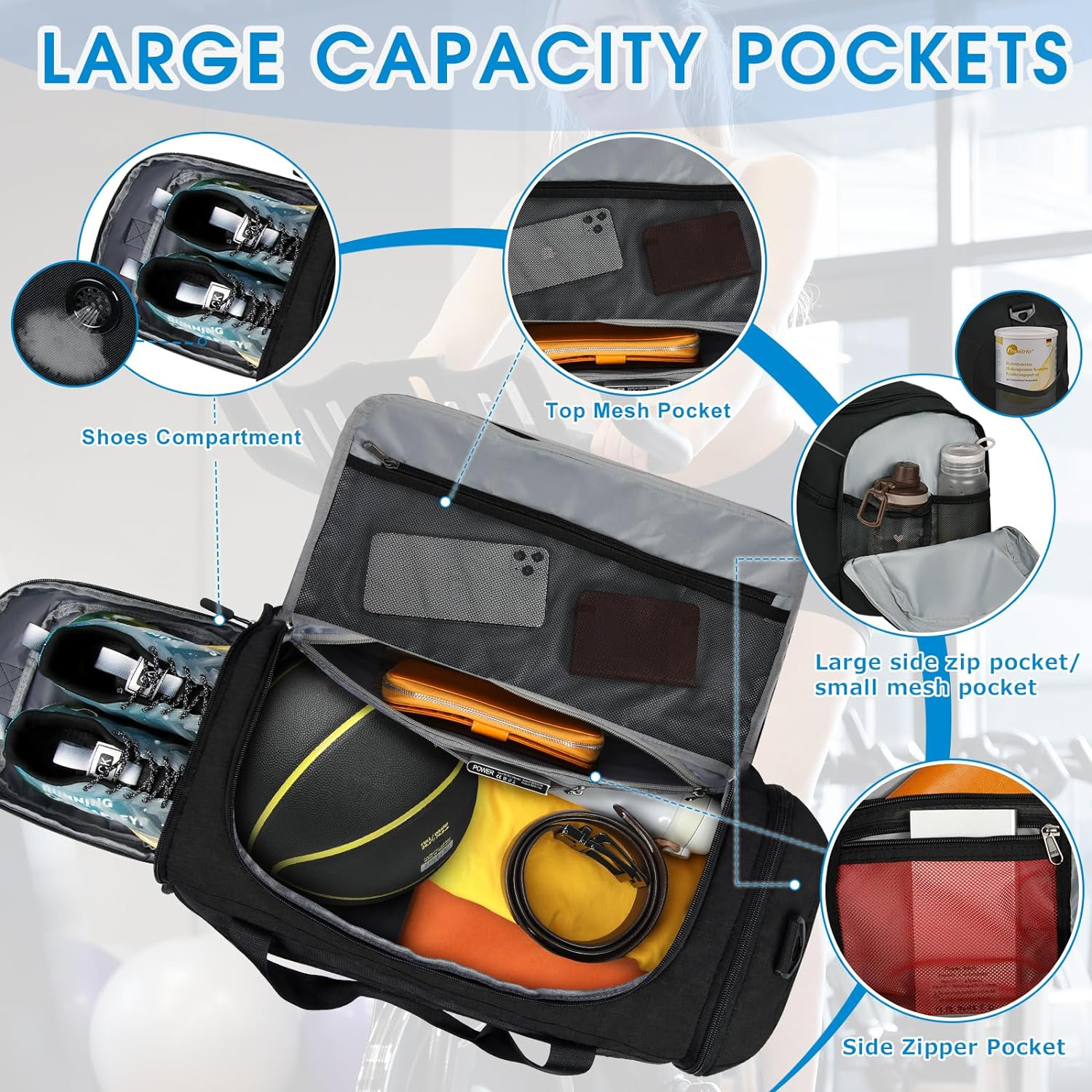 Gym Bag for Men and Women,40L Waterproof Large Sports Bag,Duffle Bag with Shoes Compartment and Wet Pocket,Weekender Overnight Bag,Travel Bag,Black image number 2