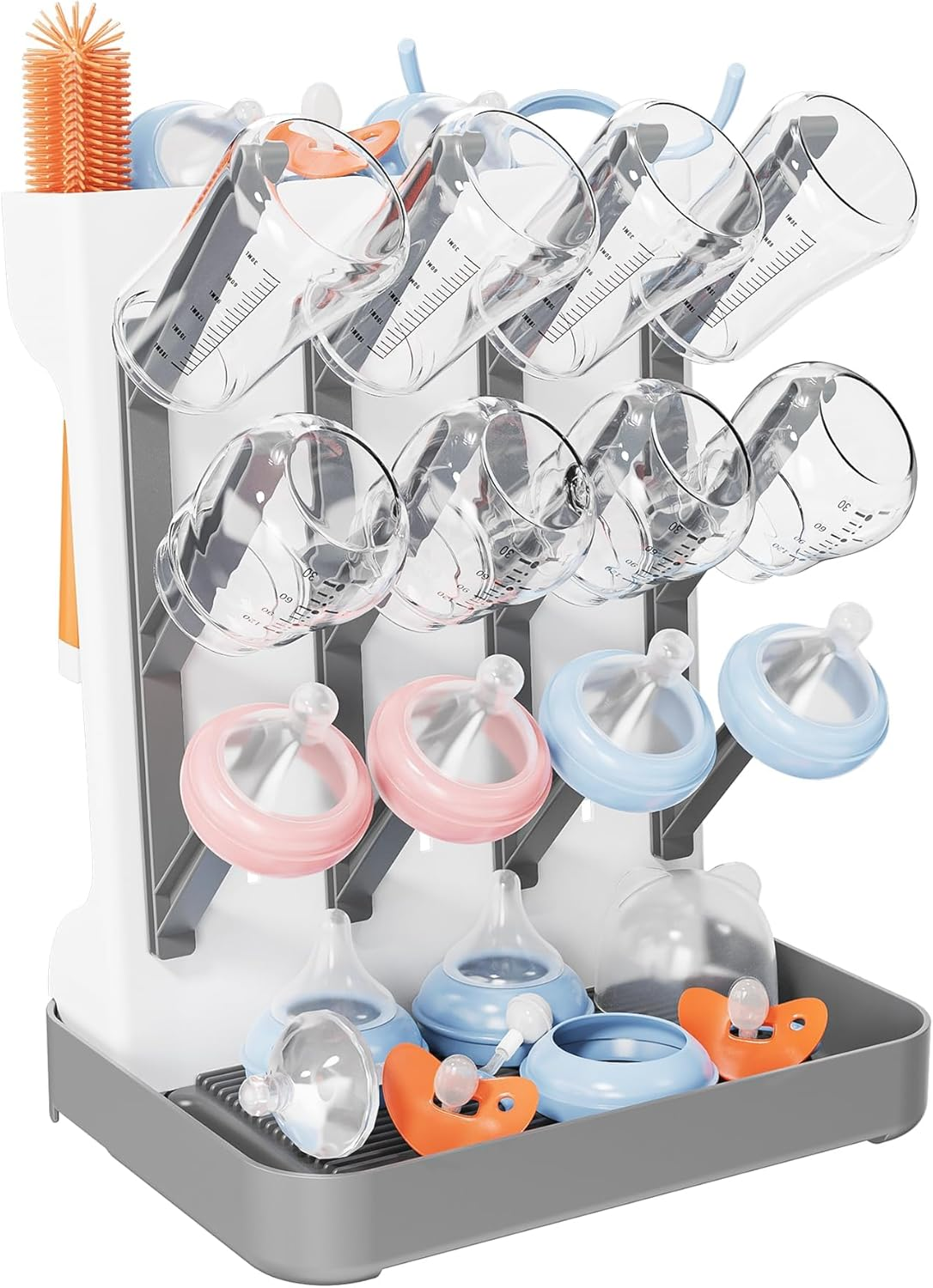 ZERIFAM Baby Bottle Drying Rack, Space Saving for Countertop and Kitchen, Large Capacity Vertical Standing Baby Bottle Organizer & Holder for 12Pc Bottles and Accessories, Pump Parts, Pacifiers (Grey)
