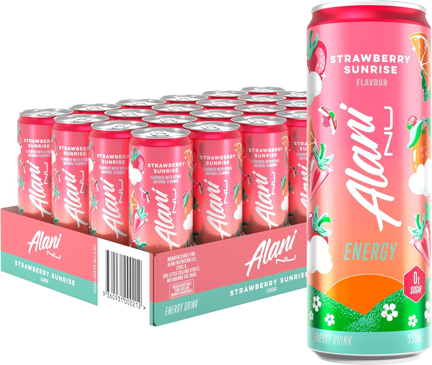 Alani Nu STRAWBERRY SUNRISE Sugar-Free, Low Calorie Energy Drinks | 110Mg Caffeine | Zero Sugar | 15 Calories or Less | 355 Ml Cans (24 Pack)