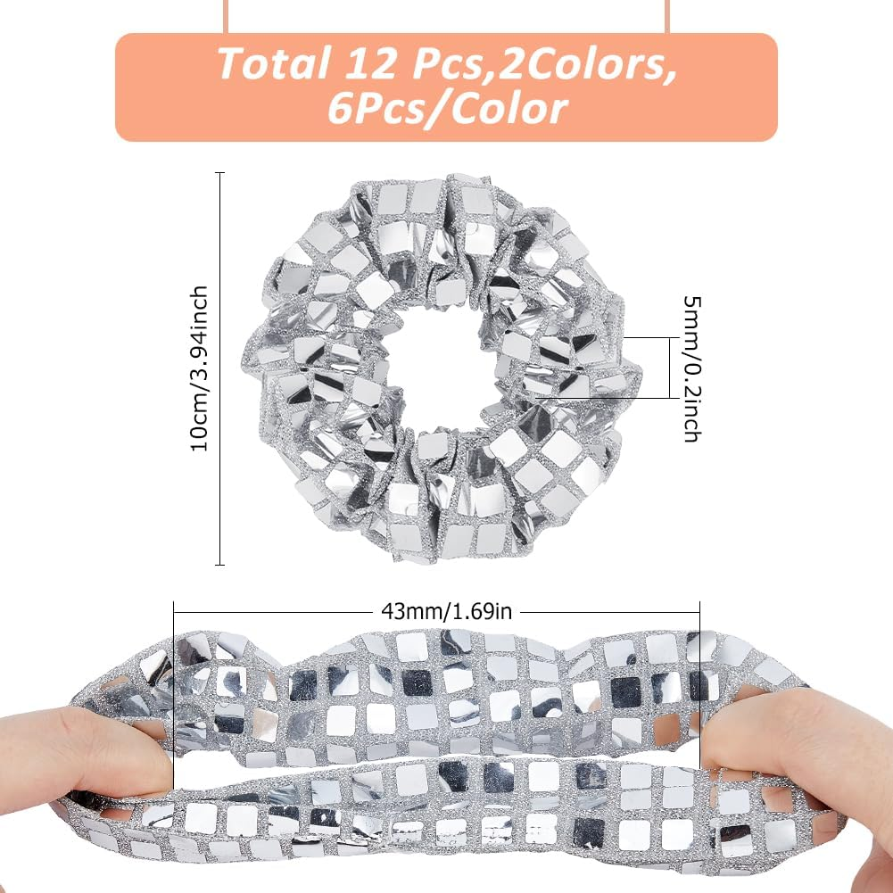 Hobbspring 12Pcs Polyester Scrunchy Hair Ties Plastic Paillette Mirror Disco Sequin Hair Scrunchies Elastics Glitter Silver&Gold Retro Ponytail Holders for Women Bachelorette image number 2