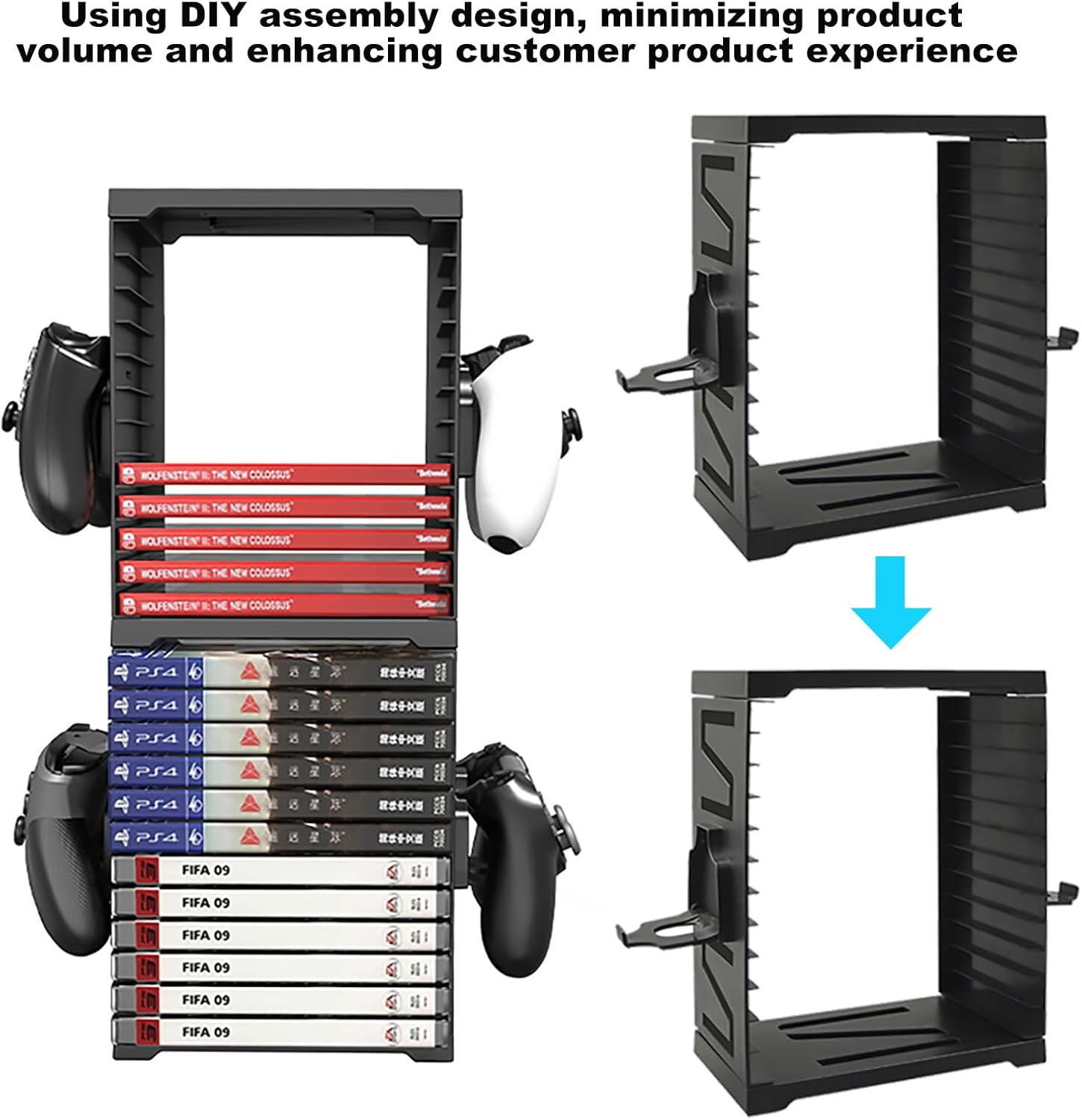 HONCAM Video Game Storage Tower for PS5 PS4 Xbox Nintendo Switch Games, Universal Video Games Discs Organizers 24 PCS with 4 Controllers Holder, Game Disk Box Stand Rack Accessories