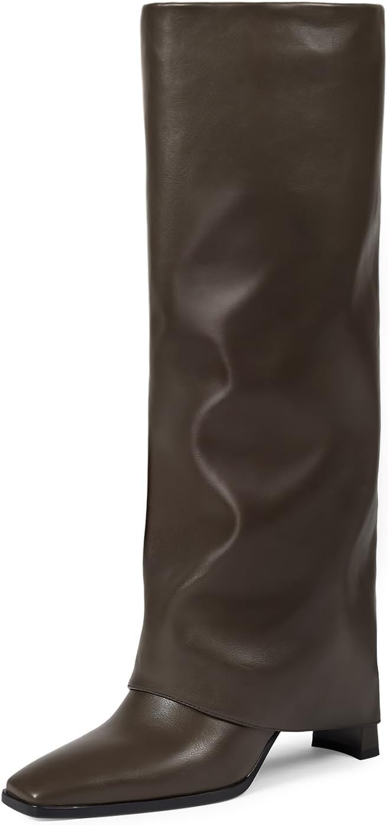 Wetkiss Knee High Boots Women Fold over Square Toe Chunky Heel with Half Zipper Long Knee High Dress Tall Boots for Women Fashion Party Wedding Daily