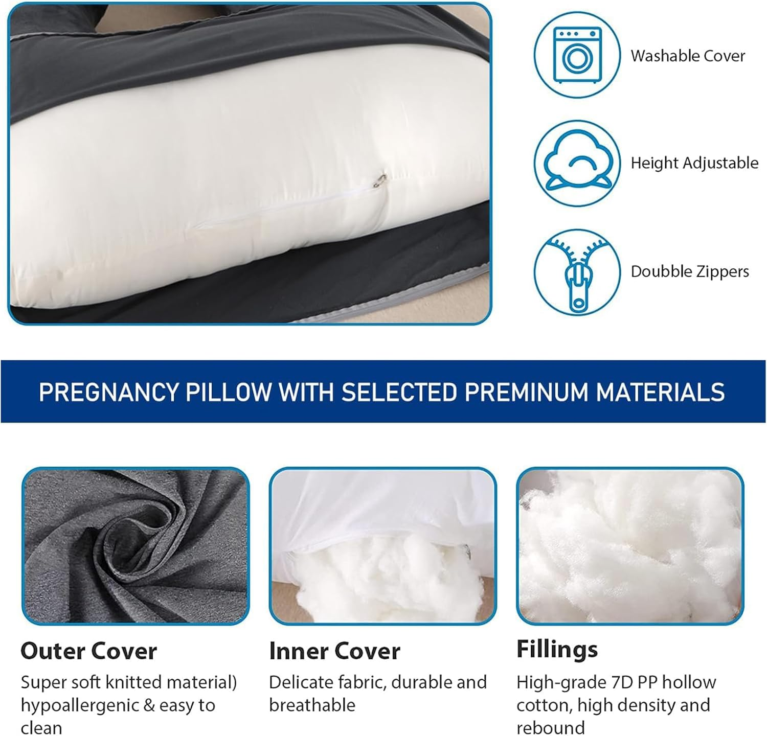 Pregnancy Pillows, 180Cm Long Maternity Pillows, U-Shape Full Body Pillow, Cooling Cover Blue&Grey, Pregnancy Pillows for Sleeping, Body Pillows, Maternity Pillow - Black image number 4