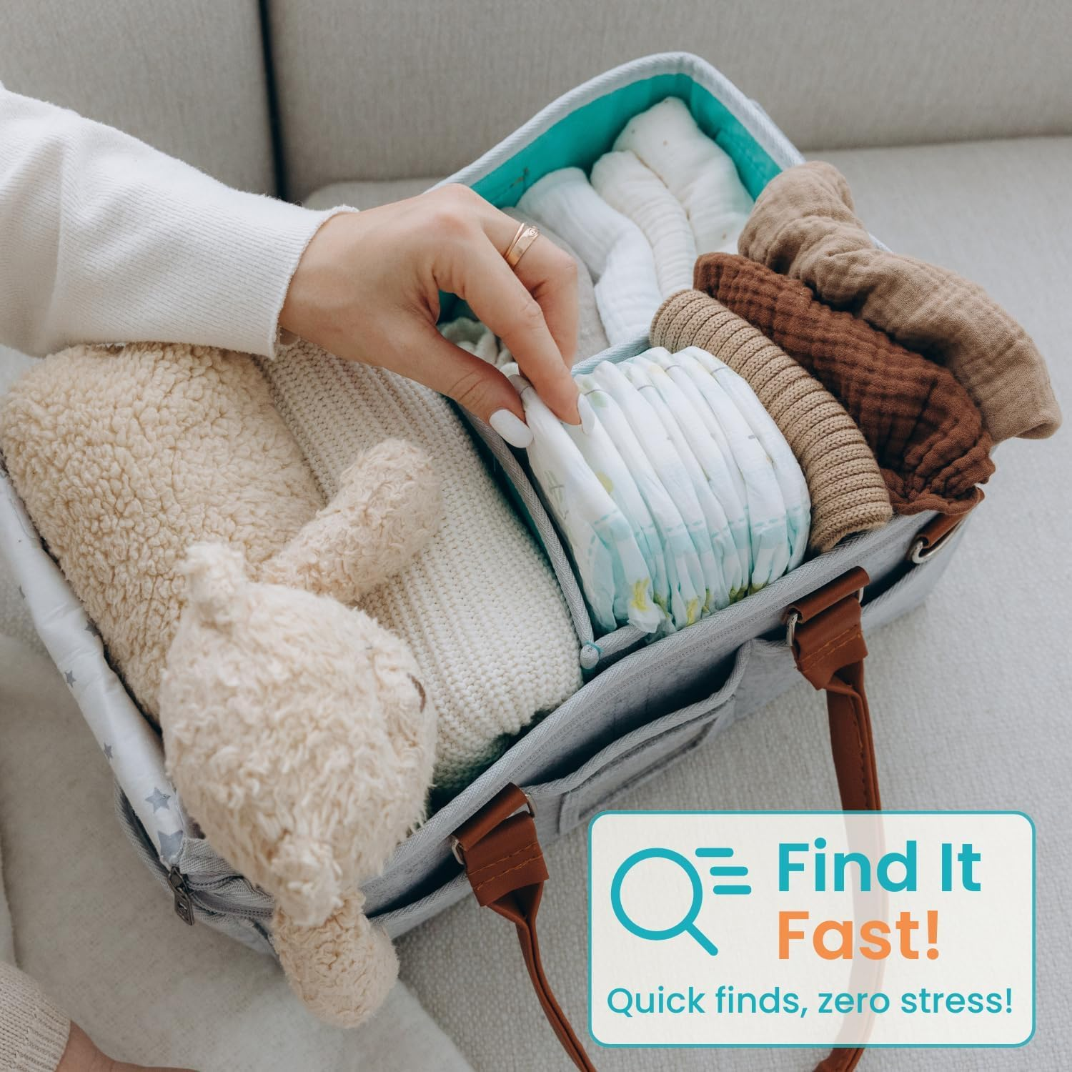 Misenfar Large Baby Diaper Caddy Storage Bag with Roll Lid and 2 Removable Dividers, Portable Nappy Caddy Storage Basket for Nursery, Changing Table, in the Car image number 5