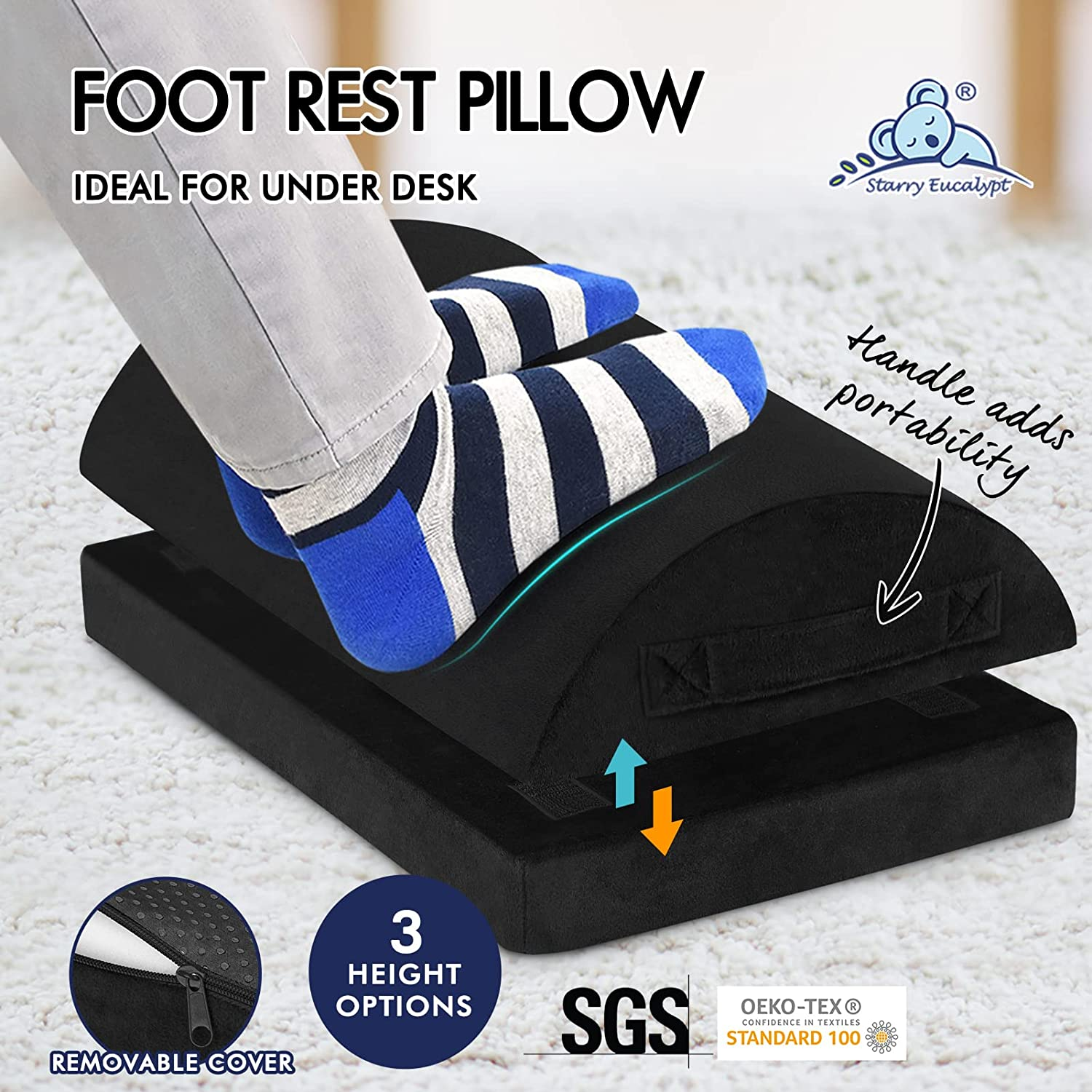 STARRY EUCALYPT Office Foot Stool Rest under Desk for Office Gaming Chairs, Ergonomic Memory Foam Foot Stool Pillow, Adjustable Foot Cusion Footrests with Non-Slip Base Cover for Back & Hip Pain Relief,Advanced Black image number 6