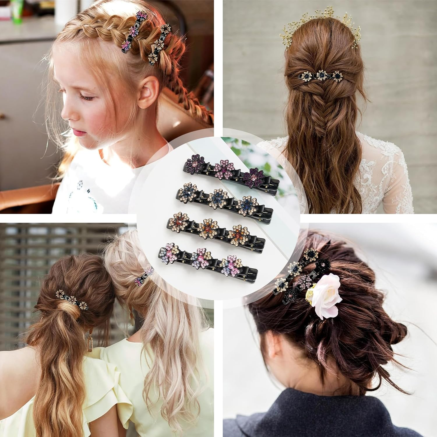 Pack of 4 Crystal Hair Clips Women - Flower Hair Clips, Five Leaf Clover Hair Accessories, French Hairpin, Flower Clip for Updo & Bridal Jewellery image number 6