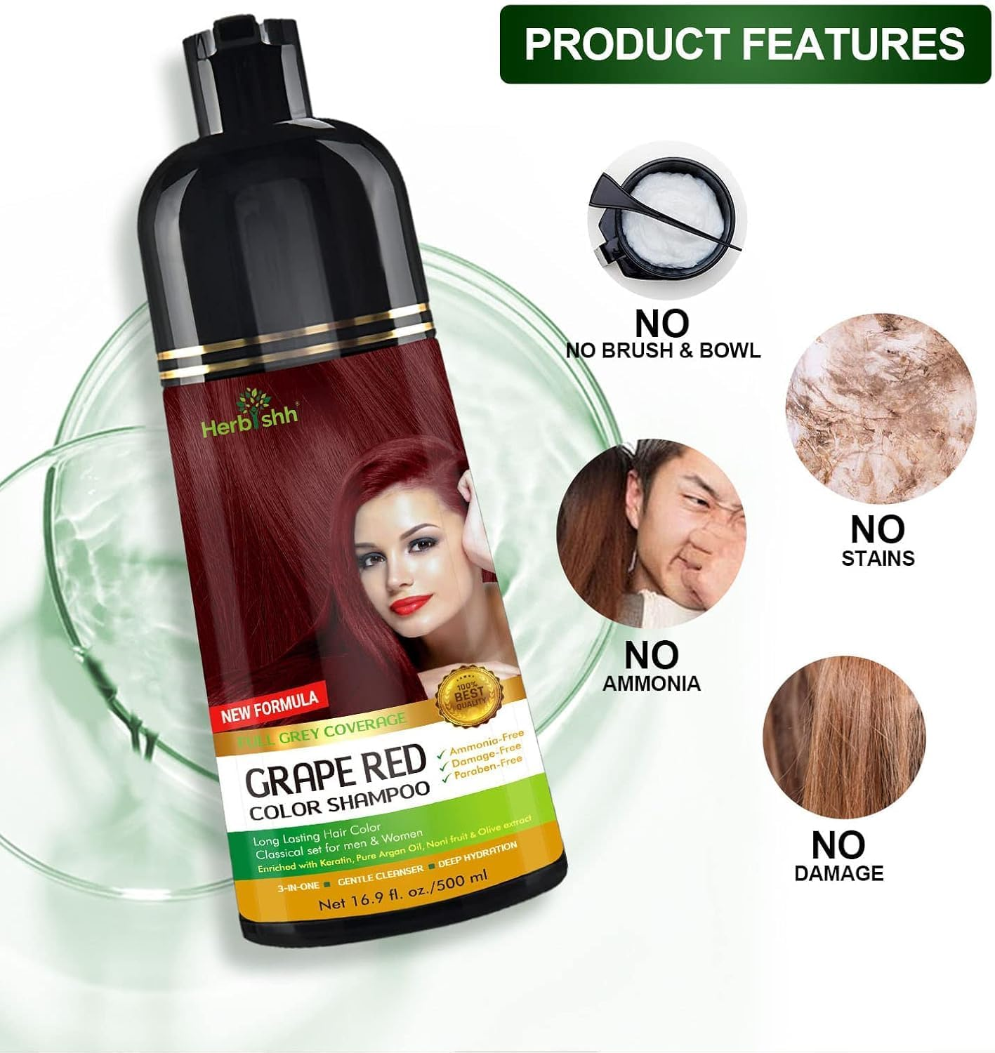 Herbishh Hair Color Shampoo (Grape Red) + Hair Growth Serum | 3-In-1 Ammonia-Free Hair Dye Shampoo | Deep Red Gray Hair Coverage & Lightweight Botanical Hair Serum | Hair Color Combo &ndash; 500Ml image number 6