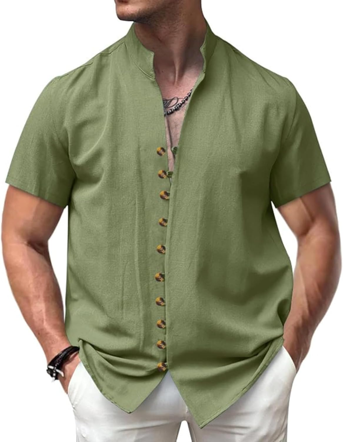 Men'S Button down Hawaiian Linen Shirt Mandarin Collar Short Sleeve Solid Shirt Beach Vacation Summer Casual Tshirts