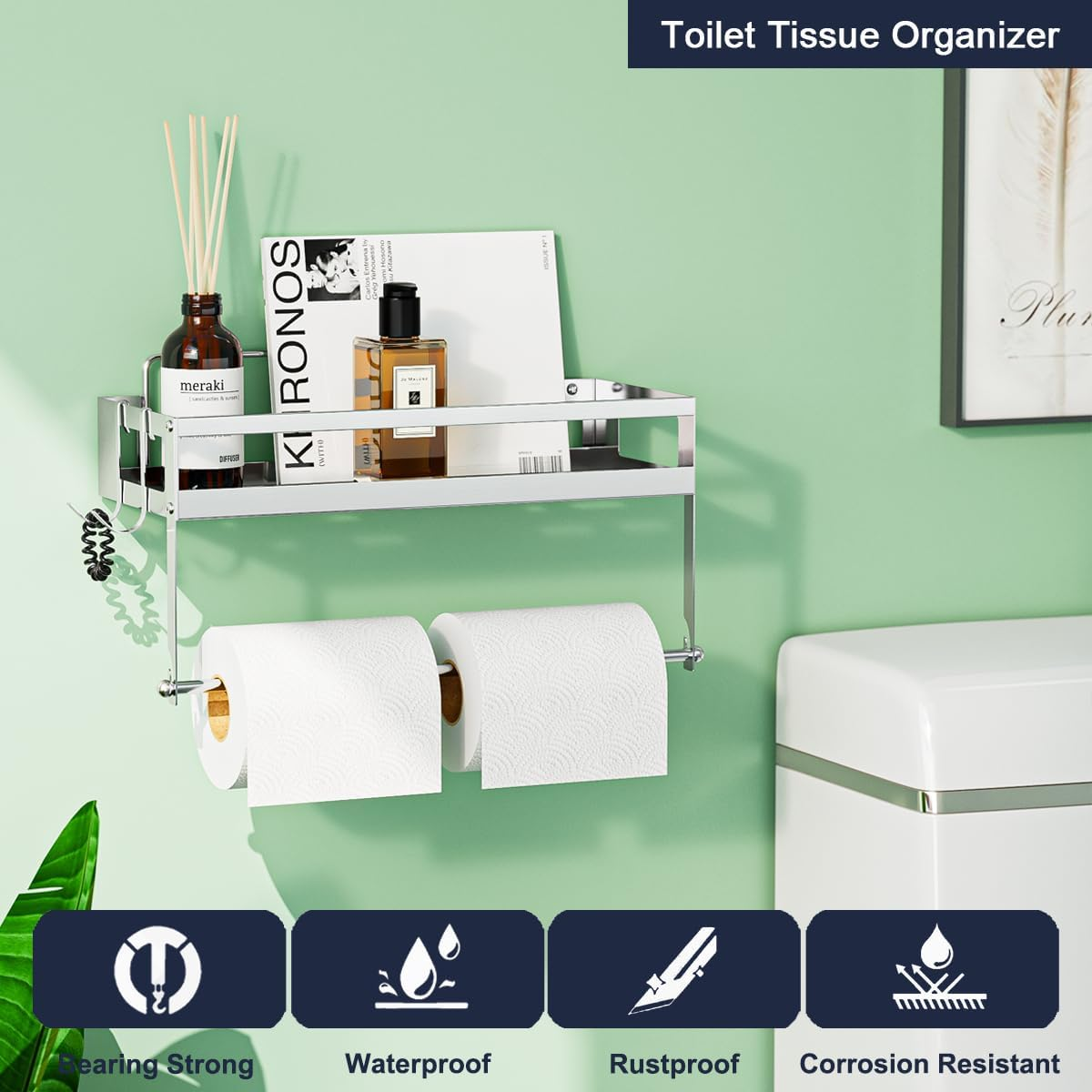 ESOW Paper Towel Holder with Shelf Storage, 2-In-1 Wall Mounted Paper Towel Roll Rack Basket for Kitchen, Balcony & Bathroom, Self-Adhesive or Drilling Installation, SUS304 Brushed Nickel Finish image number 4