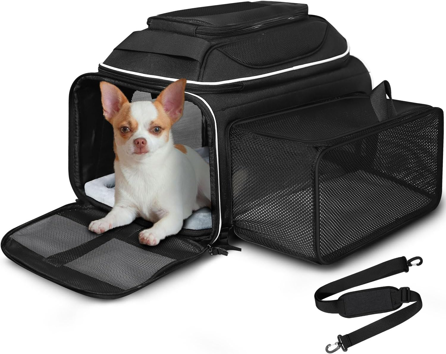 Petskd Top and Side Expandable Pet Carrier 17X11X9.5 Southwest Alaska Airline Approved, Soft Small Dog Cat Carrier for 1-10 LBS Pets with Locking Safety Zipper and Anti-Scratch Mesh(Black)