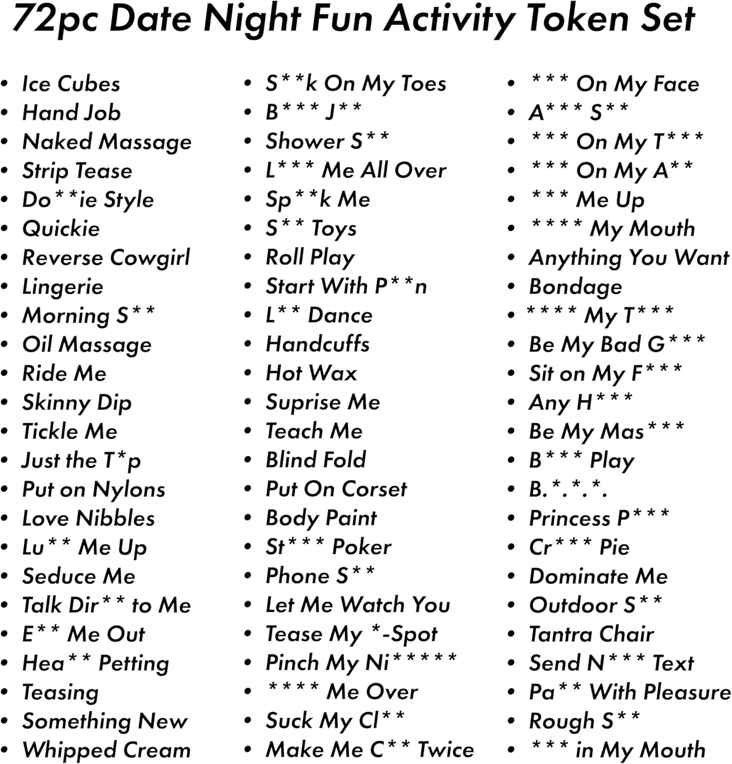 72Pc Date Night Activity Token Game, Funny Couples Date Night Fun Tokens, Romantic Fun Sex Token Gift Set