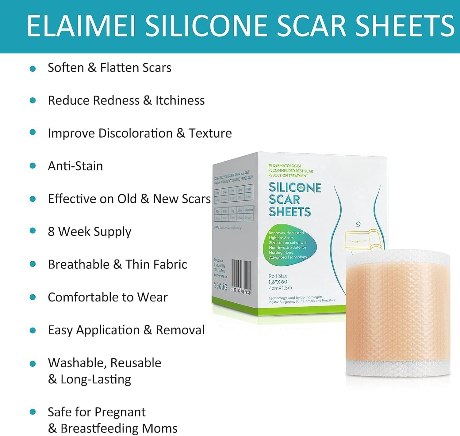 Silicone Scar Sheets,Scar Removal Silicone Tape Roll for C-Section,Professional Painless Silicone Keloid Scars from Surgery, Burn, Acne Et (1.6&rdquo; X 60&rdquo;Roll-1.5M) image number 2