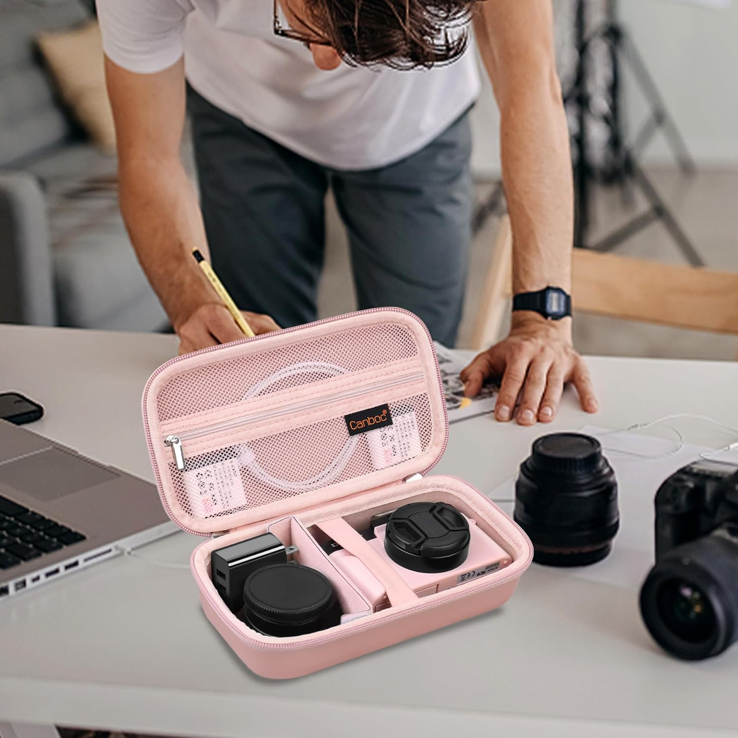 Canboc 4K Digital Camera Case for Oiadek/Vjianger/Hicshon/Vetek 4K Vlogging Camera, Vlogging Camera Bag with Removable Shoulder Strap, Mesh Pocket Fit Lens, Battery, Cable, Rose Gold (Case Only)