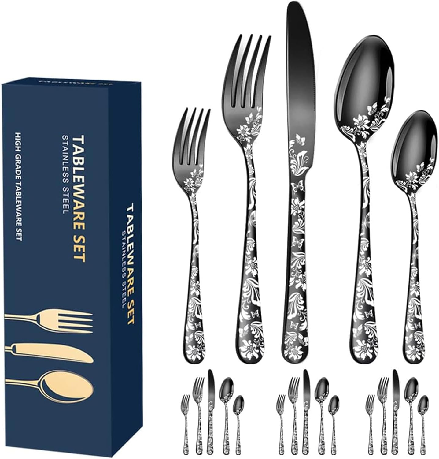 20Pcs Stainless Steel Flatware Set, Unique Flower Pattern Silverware Set Service for 4 People, Silver Cutlery Set with Knives/Forks/Spoons, Mirror Polished Utensil Set for Kitchen, Dishwasher Safe