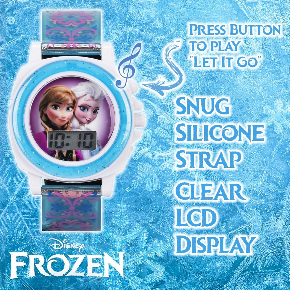 Disney Frozen Digital Watch for Kids with Anna and Elsa Design, Plays "Let It Go" Song, Adjustable Silicone Strap, Clear LCD Display, Ages 4 and Up, Blue, Digital,Quartz Movement image number 2