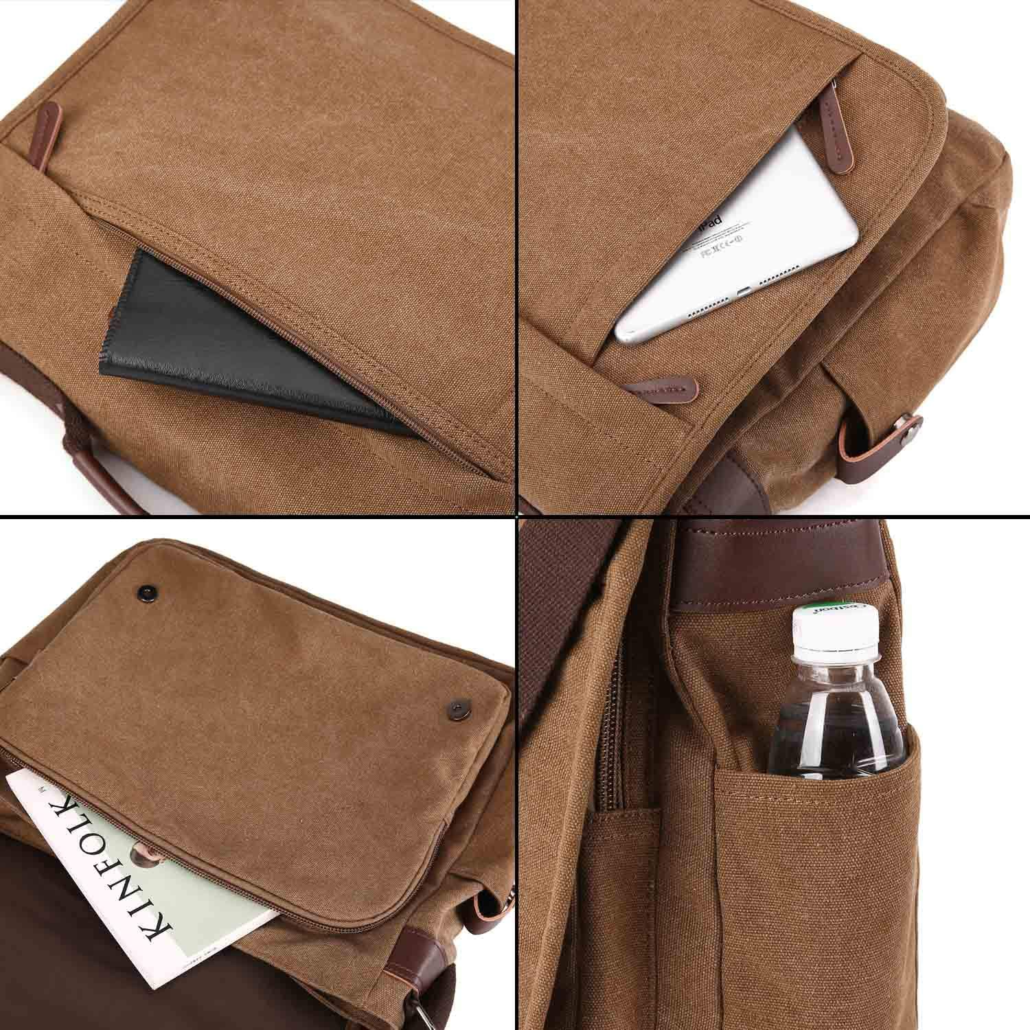 Practical Design Men'S Canvas Shoulder Messenger Bag Casual Laptop Cross-Body Sling Bag Satchel Bag for 15.6 Inch Laptop Large Size - Black image number 6