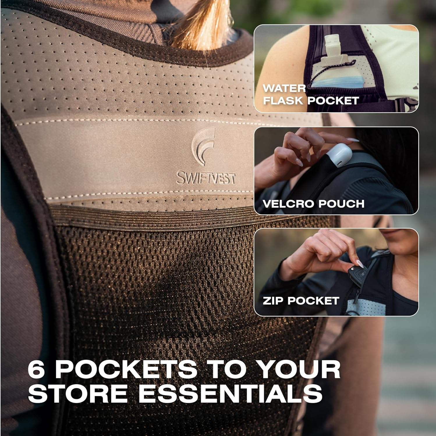 SWIFTVEST Running Phone Holder Vest | Waterproof Phone Pouch | Reflective Hydration Vest | Adjustable Waistband | Water Bottle Holder | Lightweight | 6 Pockets for Running Accessories - Men & Women image number 5