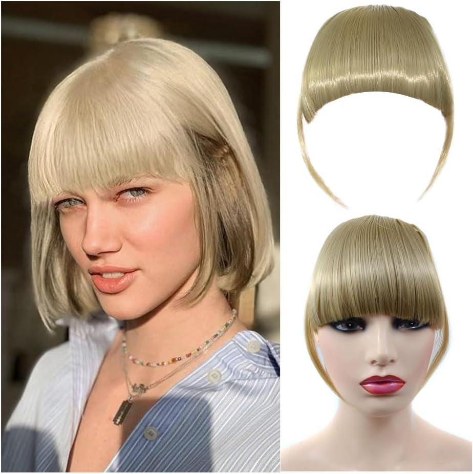 Ash Blonde Bangs Hair Clip Extension French Bang Clip in Thick Natural Full Front Neat Bangs Straight Fringe Bang with Temples One Piece Hairpiece (Ash Blonde) (Golden) image number 3