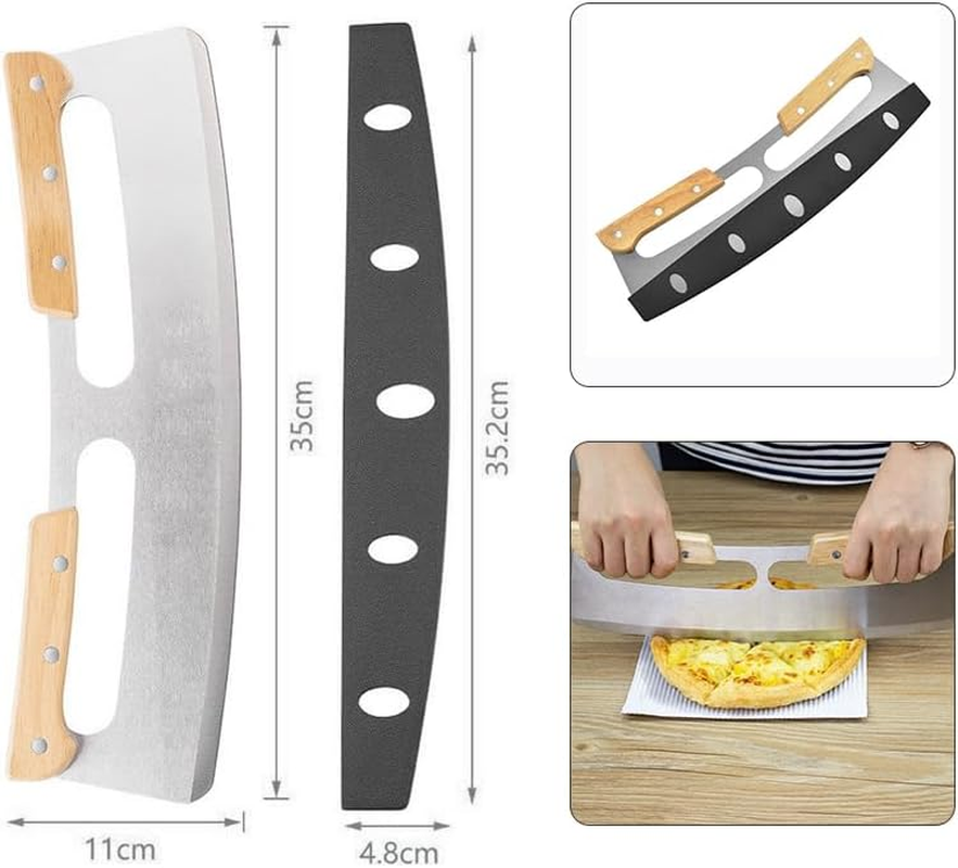Leona Co 35CM Pizza Cutter Rocker, Stainless Steel Blade Knife with Wooden Handle & Protective Cover, Large Pizza Slicer Chopper Knife Cutters for Kitchen Tool image number 2