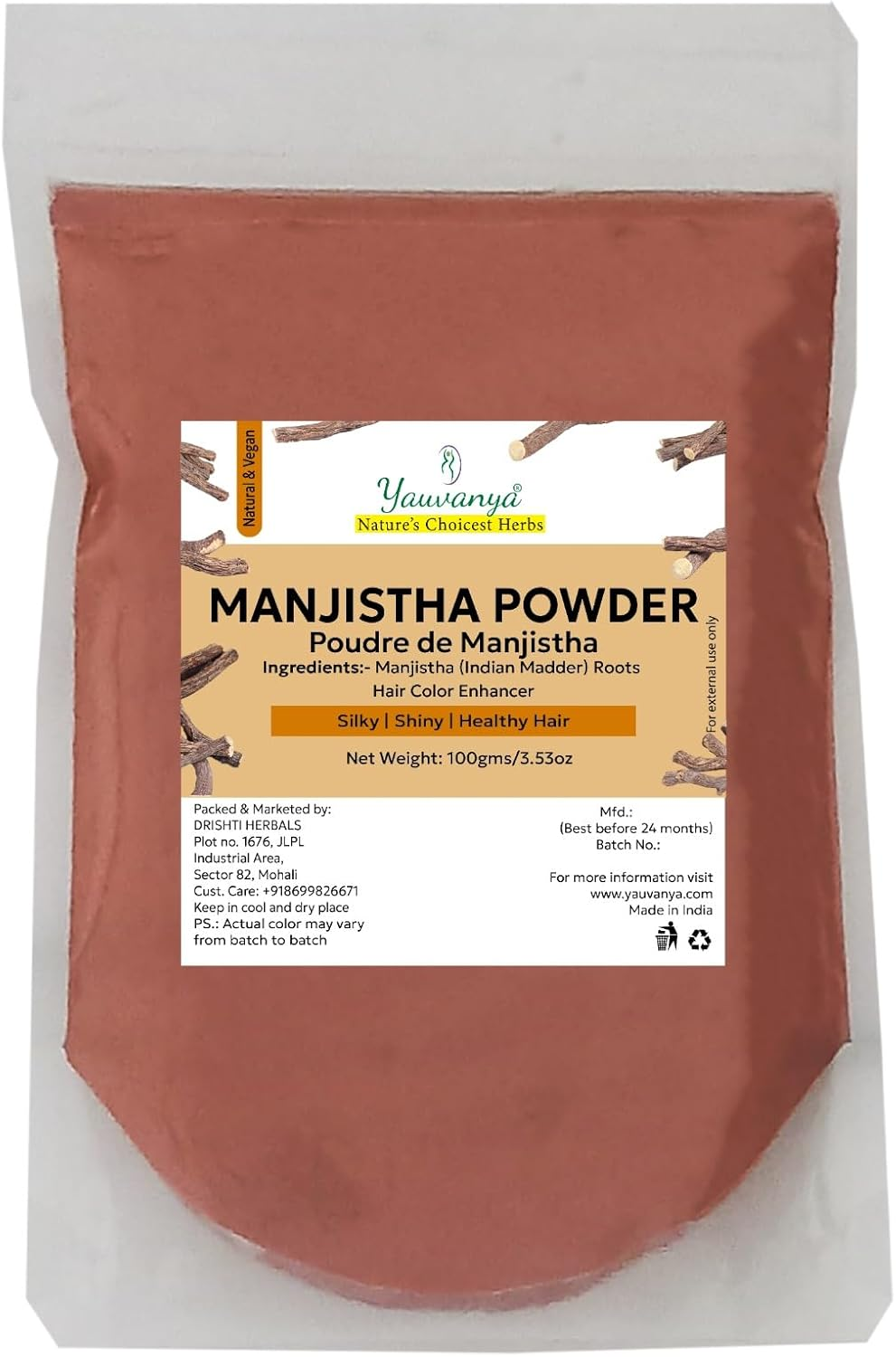 Yauvanya Manjistha Root Powder, 100G, Natural Hair Colourant, Enhances Henna Effect, Indian Madder Root, Vegan image number 3