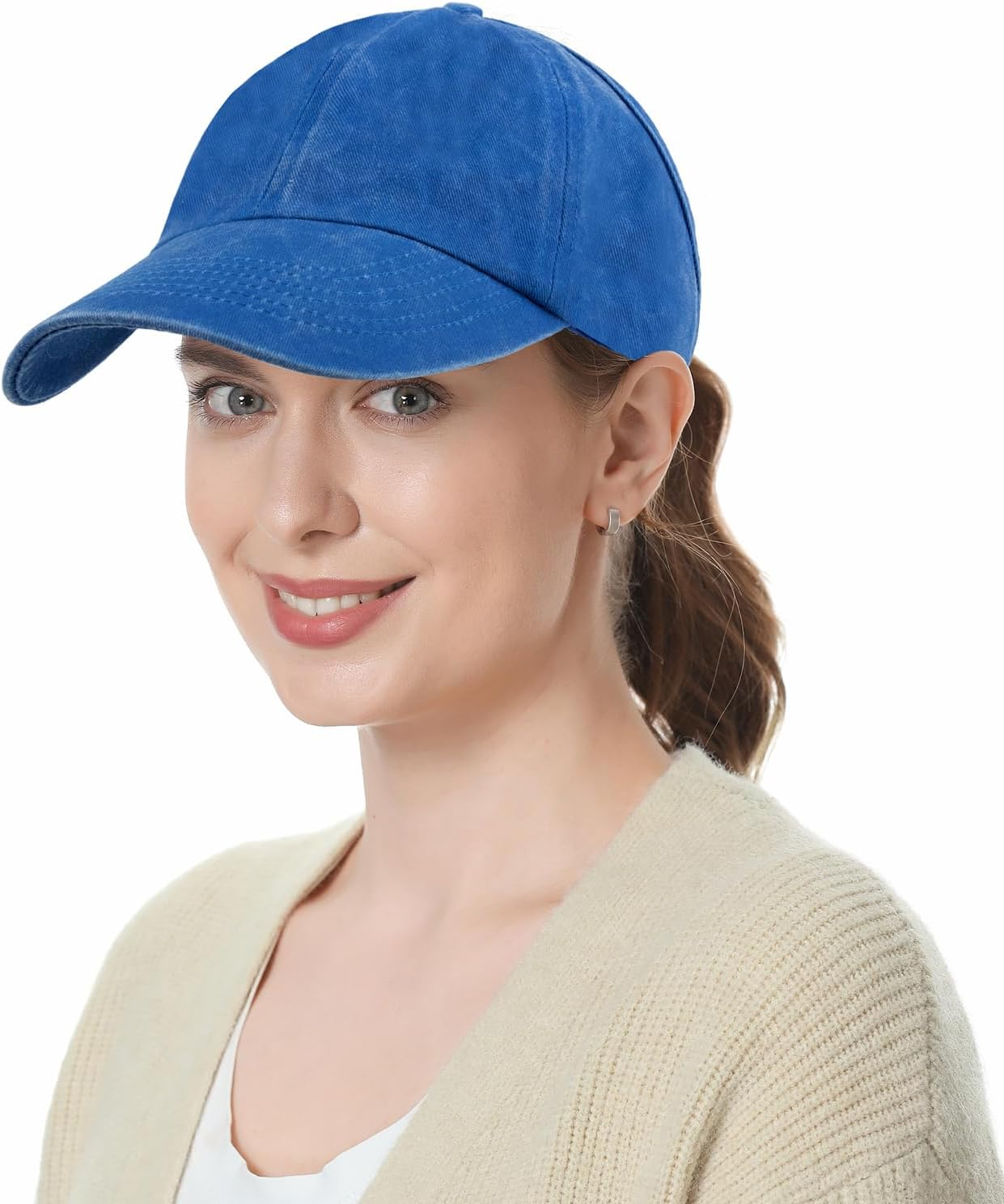 TOPTIE Backless Washed Cotton Ponytail Cap Messy Bun Curly Hair Baseball Caps for Women - Blue image number 4