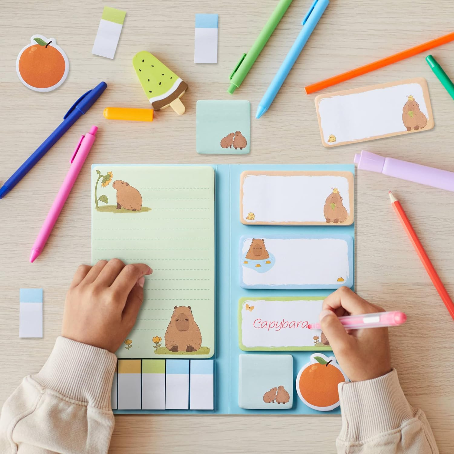 Xqumoi Don'T Worry Be Capy Sticky Notes Set, 550 Sheets, Capybara and Orange Pattern Self-Stick Notes Pads Animal Divider Tabs Bundle Writing Memo Pads Back to School Office Supplies Small Gift image number 3