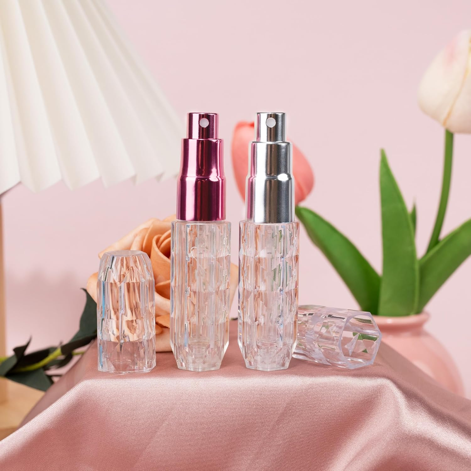 2 PCS Perfume Atomizer Travel Refillable Mini Scent Bottle Diamond Design 5ML Fragrance Sprayer Scent Pump Case for Travel Trip Business Portable Dispenser for Women and Men (Red+Silver) image number 4